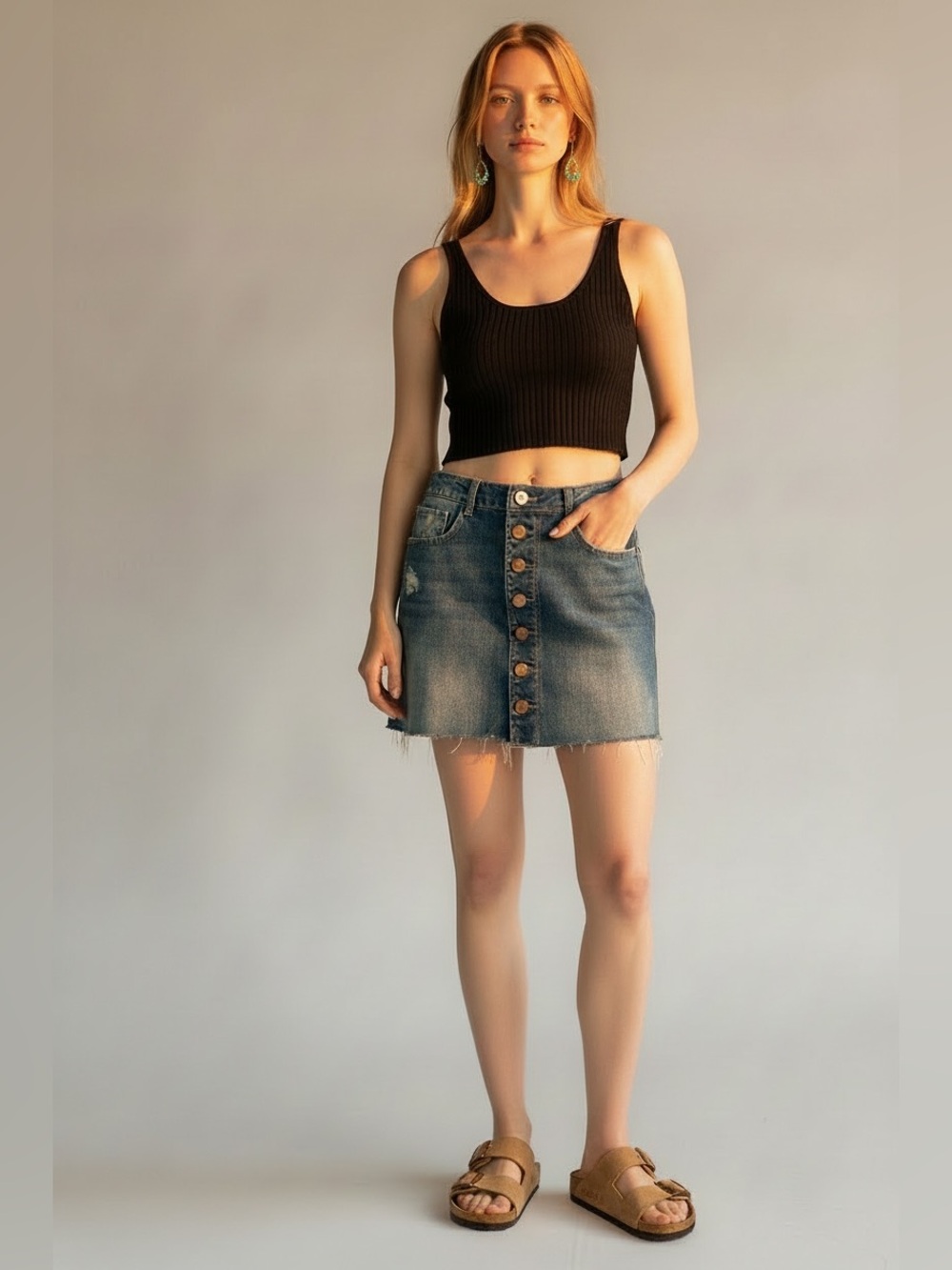 Indigo Rein Women's Distressed Button-Front Denim Mini Skirt - Blue